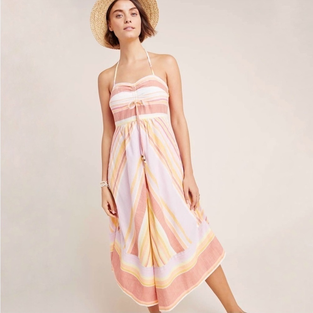 Anthropologie Striped Halter Midi Dress in Peach, Yellow, and Cream